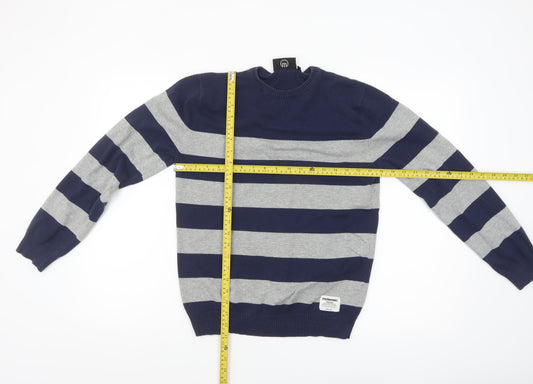 McKenzie Men's Blue Grey Striped Cotton Crew Neck Jumper M