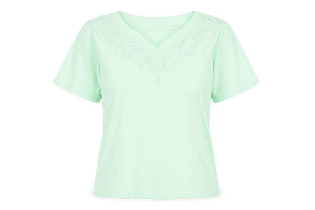 Honor Millburn Women's Green Embroidered V-Neck Cotton T-Shirt Size S