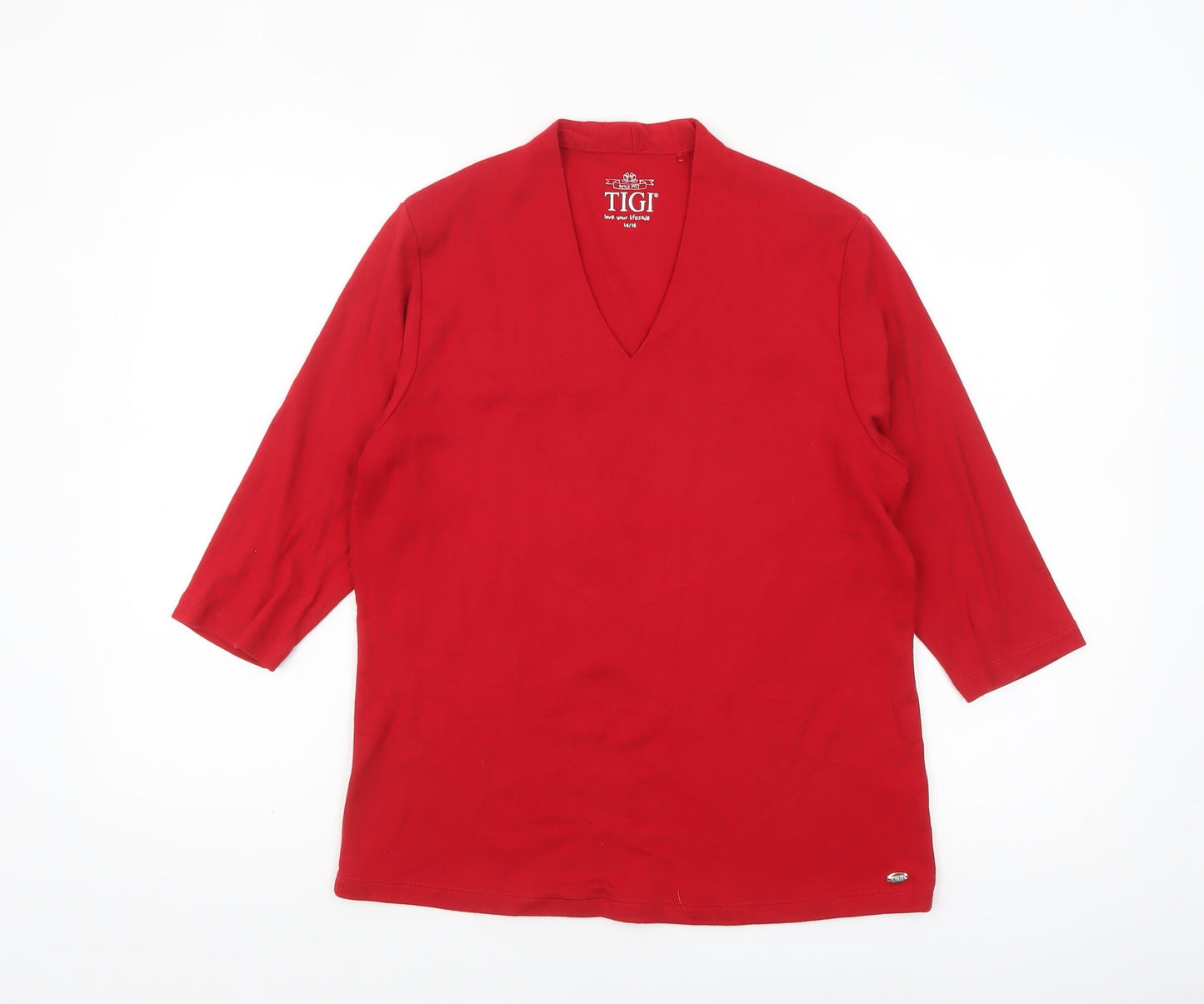 TIGI Women Red V-Neck 3/4 Sleeve Jersey T-Shirt Size 14
