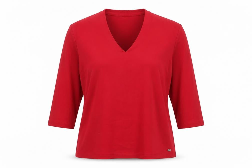 TIGI Women Red V-Neck 3/4 Sleeve Jersey T-Shirt Size 14