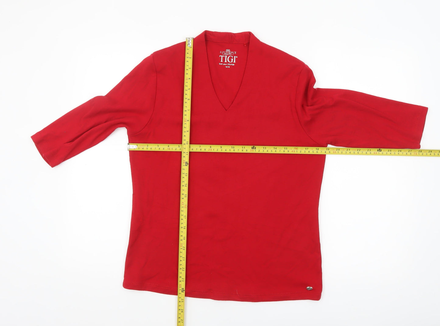 TIGI Women Red V-Neck 3/4 Sleeve Jersey T-Shirt Size 14