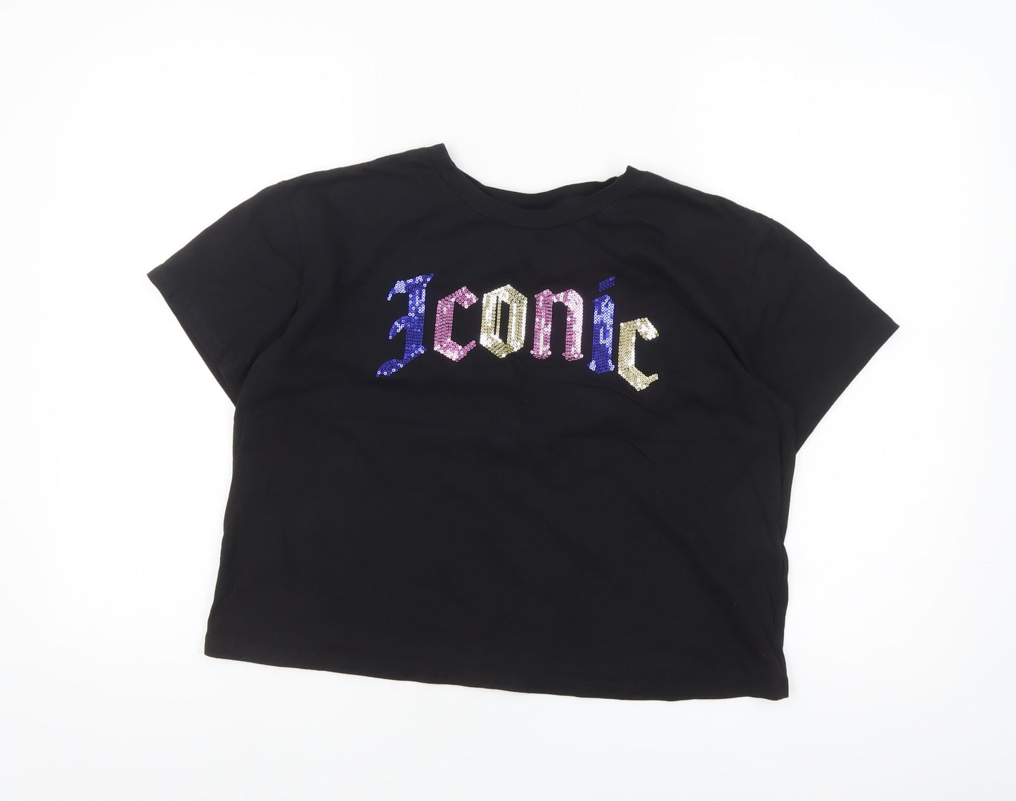 H&M Divided Women’s Black Sequin Iconic Cropped T-Shirt Size 14