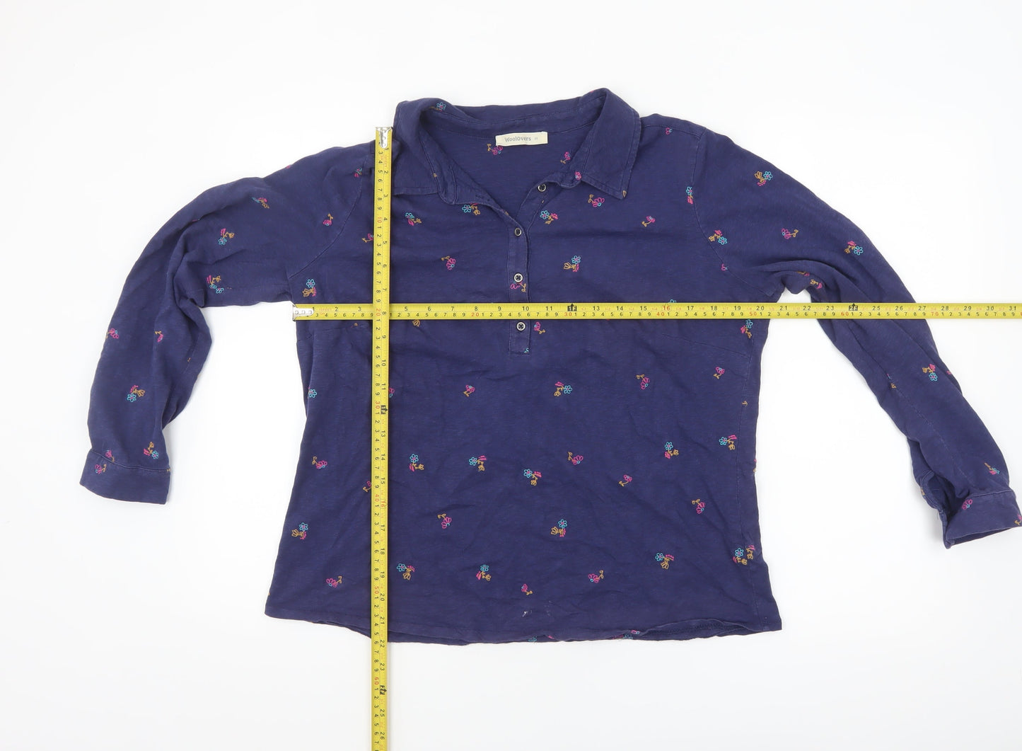 WoolOvers Women's Navy Blue Floral Embroidered Long Sleeve Polo Shirt M