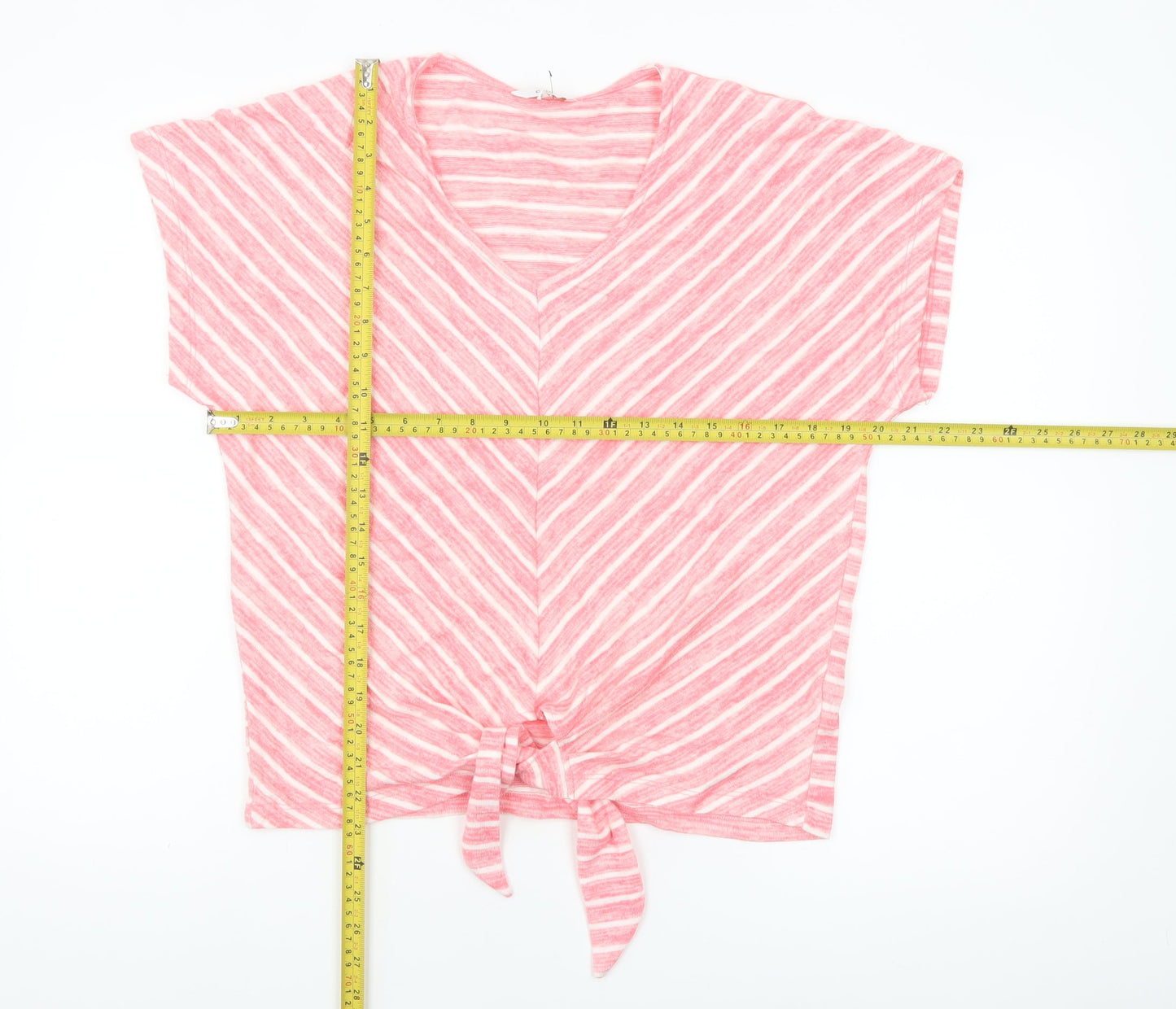 Cotton Traders Women's Pink Striped Tie Front Cropped V-Neck T-Shirt Size 12