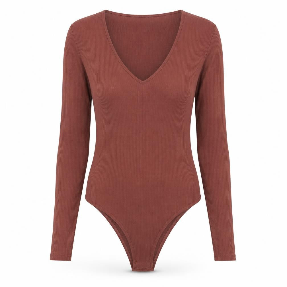 Mango Women Brown Ribbed Long Sleeve V-Neck Bodysuit Size S