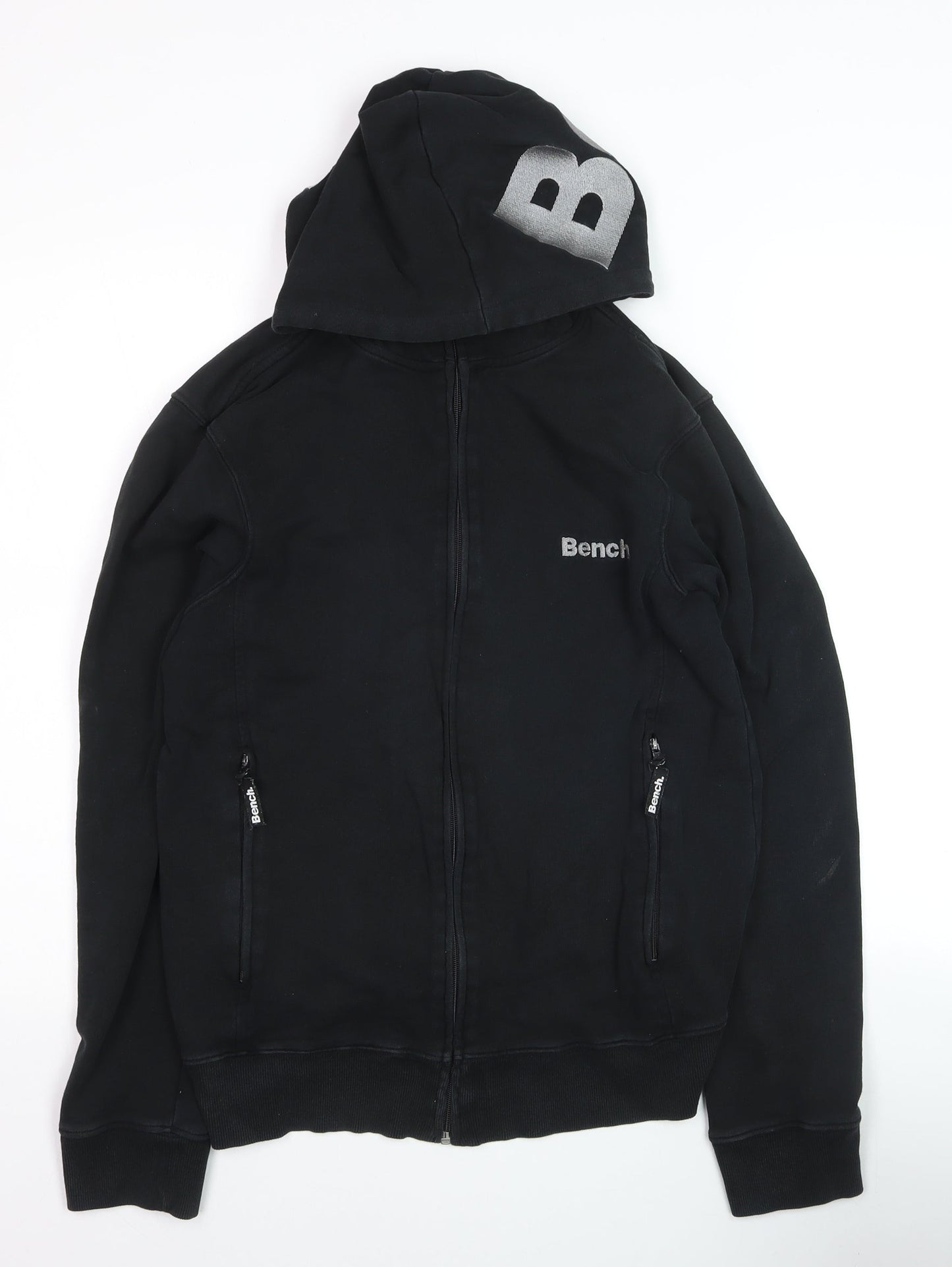 Bench Men Black Full Zip Cotton Hoodie M Logo Hooded Sweatshirt