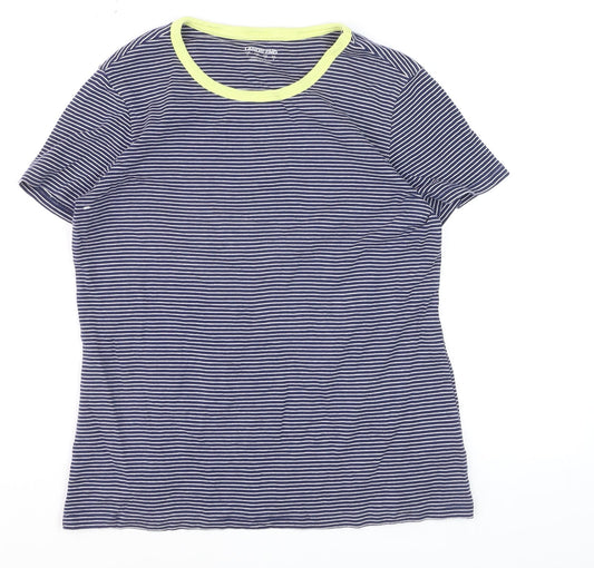 Lands' End Men Blue Striped Cotton Crew Neck Short Sleeve T-Shirt S
