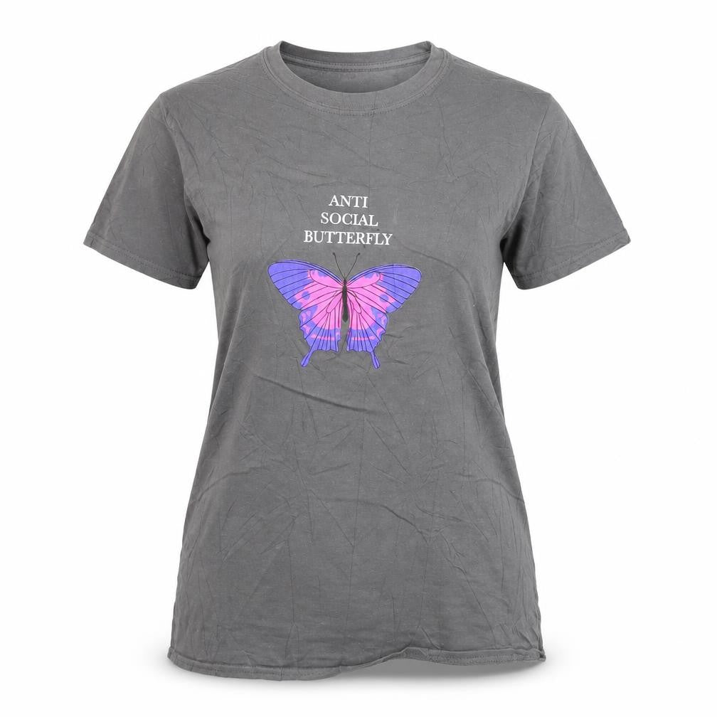 PRETTYLITTLETHING Women's Grey 'Anti Social Butterfly' Cotton T-Shirt XS