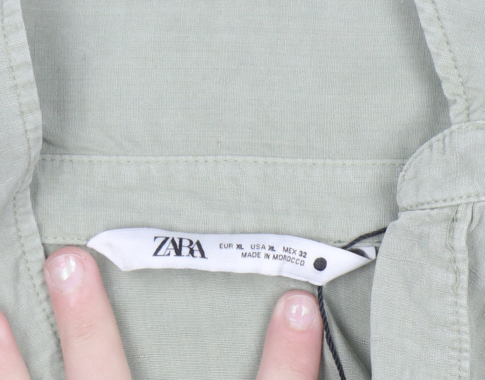 Zara Women Green Linen Shirt Dress Size 16 Long Sleeve Midi