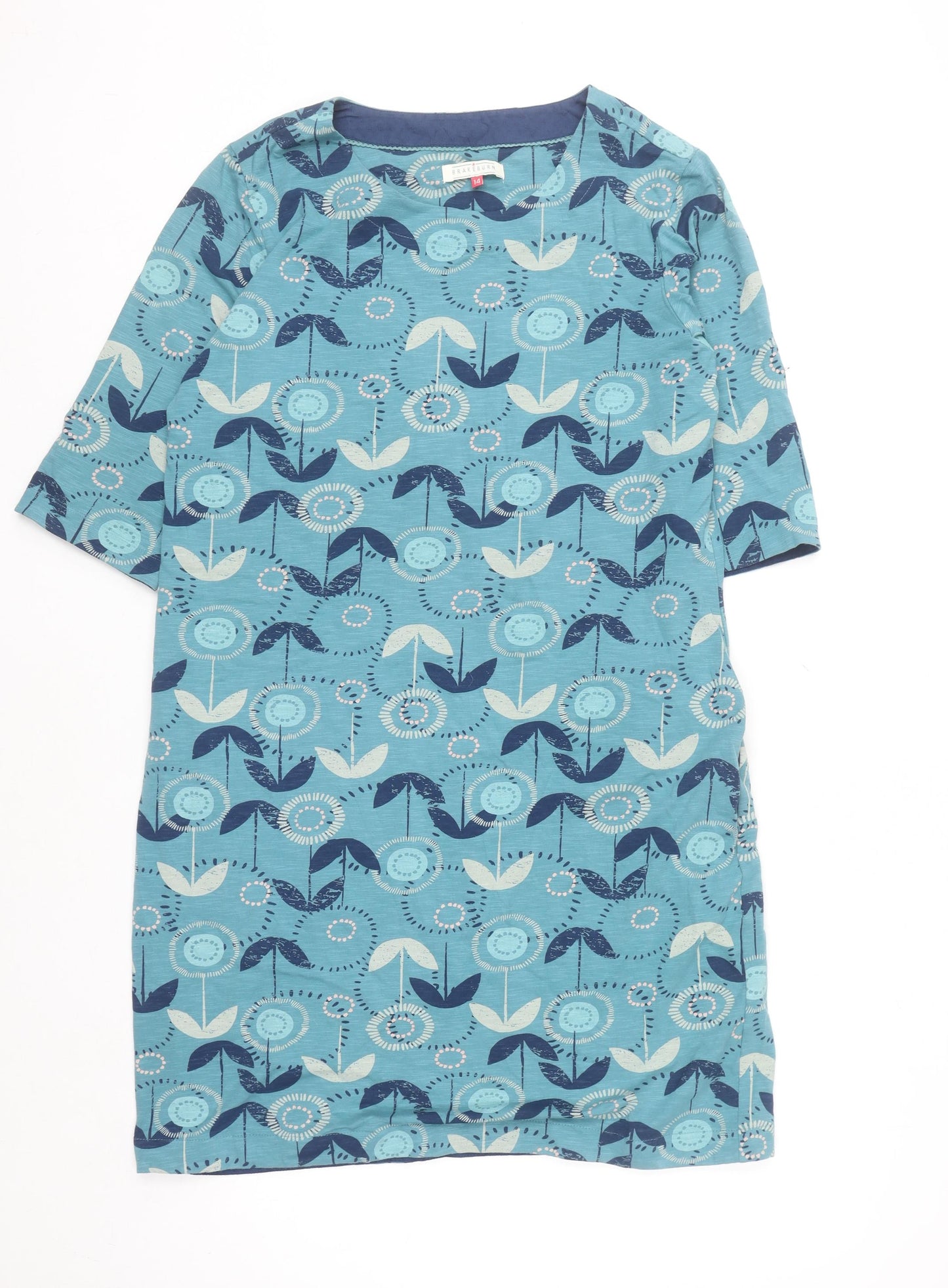 Brakeburn Women Blue Floral Cotton T-Shirt Dress Size 14