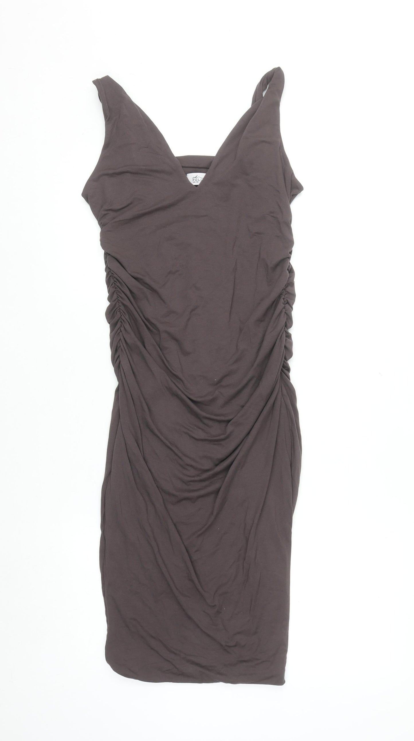 Oh Polly Women's Brown Ruched Bodycon Sleeveless V-Neck Dress Size 14