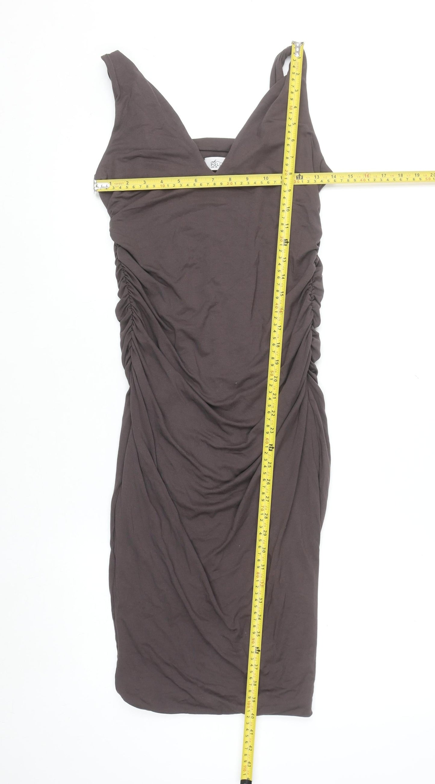 Oh Polly Women's Brown Ruched Bodycon Sleeveless V-Neck Dress Size 14