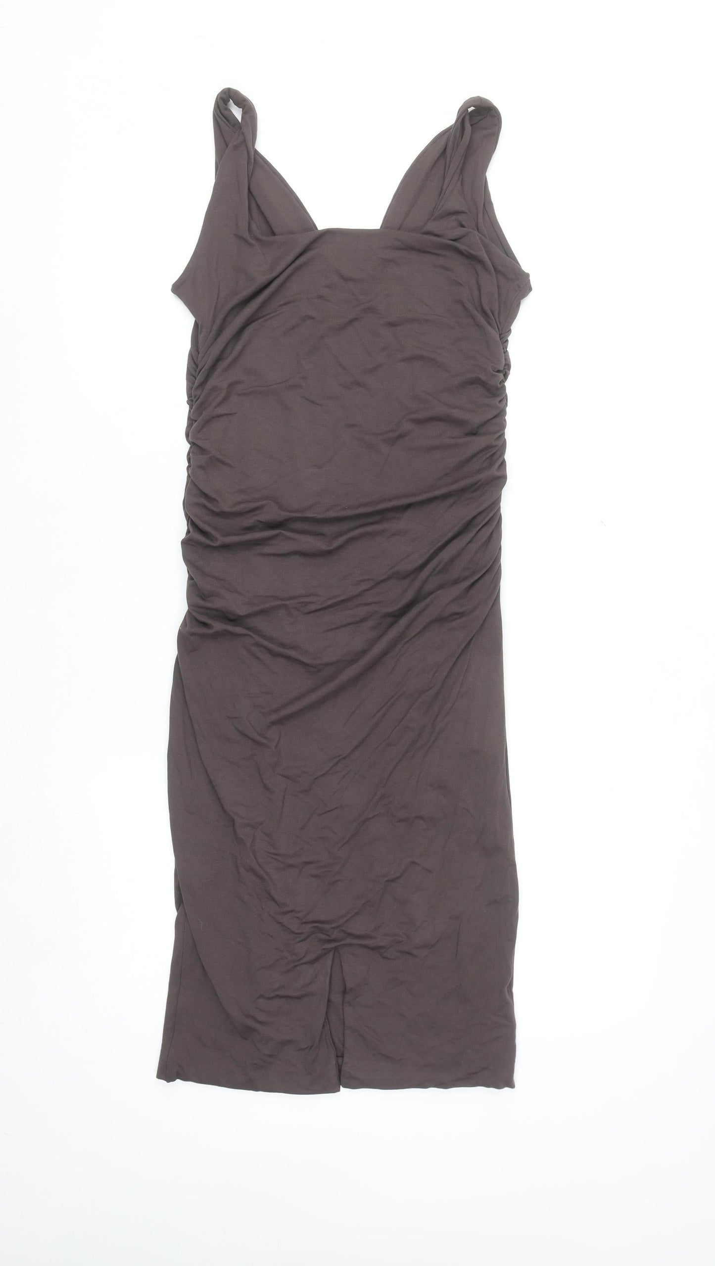 Oh Polly Women's Brown Ruched Bodycon Sleeveless V-Neck Dress Size 14
