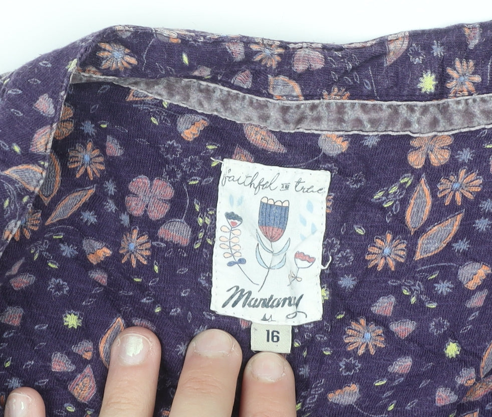 Mandarin Faithful & True Purple Floral Cotton Long Sleeve Blouse Women's Size 16