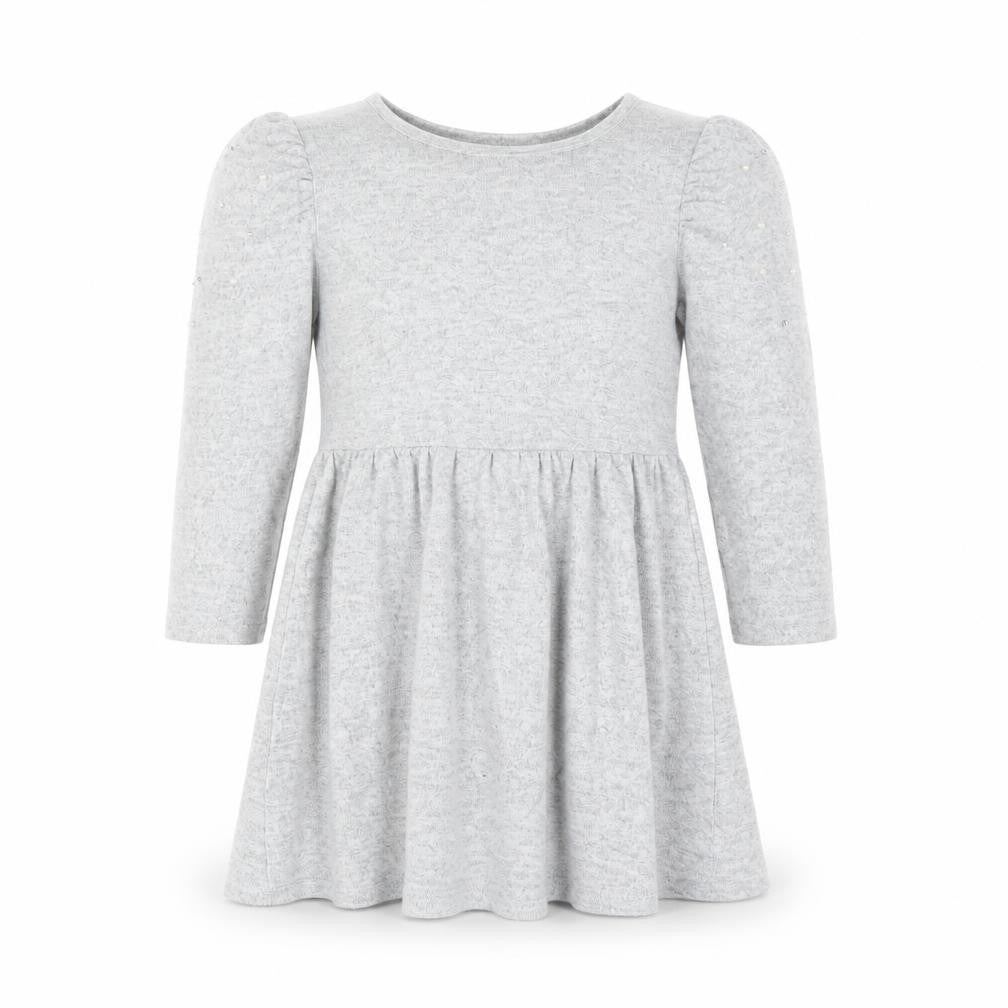 Front view of I Love Girlswear Grey Long Sleeve Puff Shoulder Fit & Flare Dress 9 Years