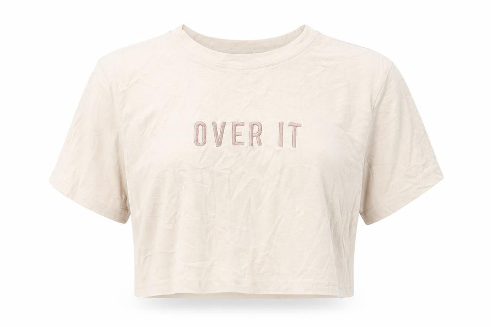 Front view of Missguided Petite Beige Cropped T-Shirt Women UK 12 Embroidered 'Over It'