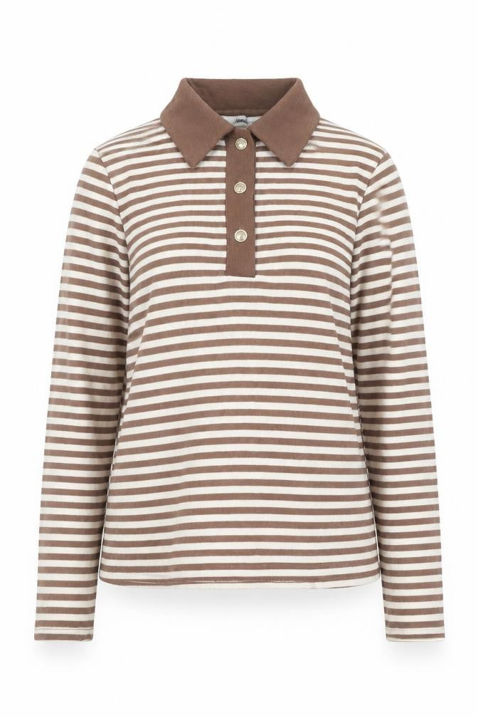 Mango Women Brown Stripe Collared Henley Jumper Size M