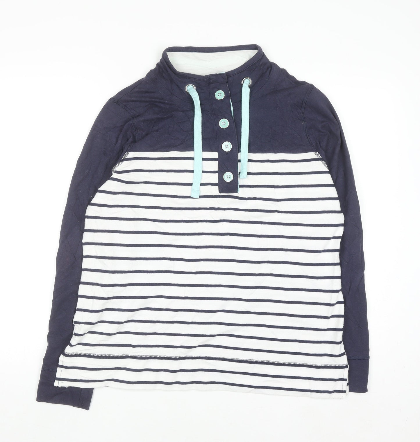 BHS Womens Blue White Striped Henley High Neck Cotton Jumper Size 16