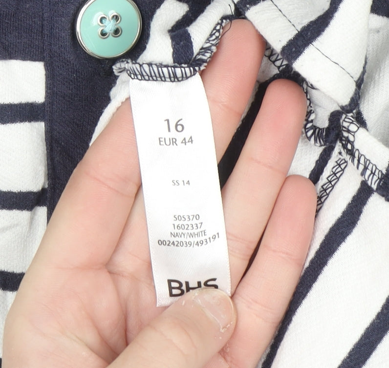 BHS Womens Blue White Striped Henley High Neck Cotton Jumper Size 16