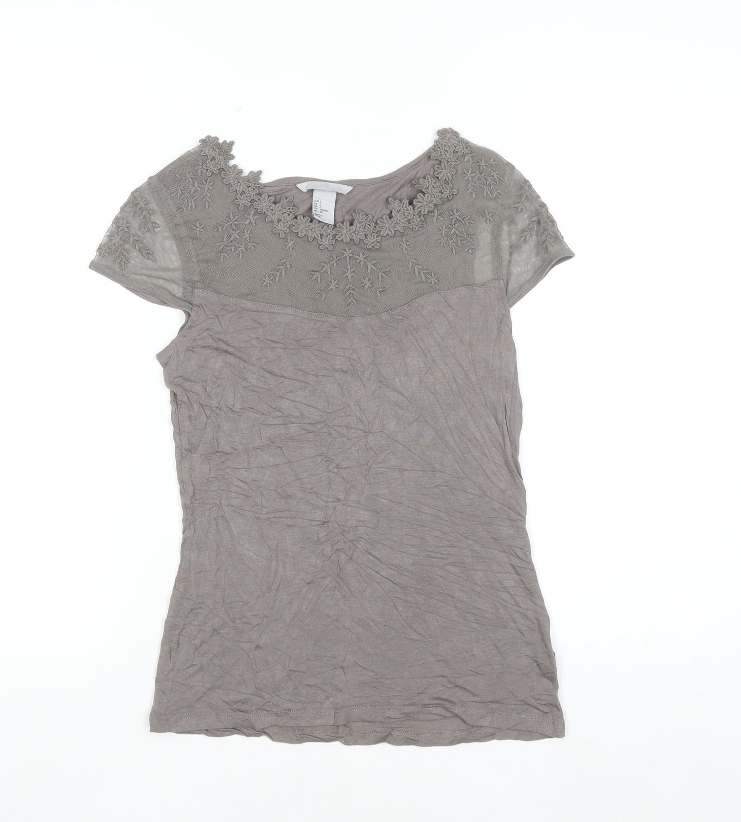 H&M Women’s Grey Embroidered Short Sleeve Blouse Size S