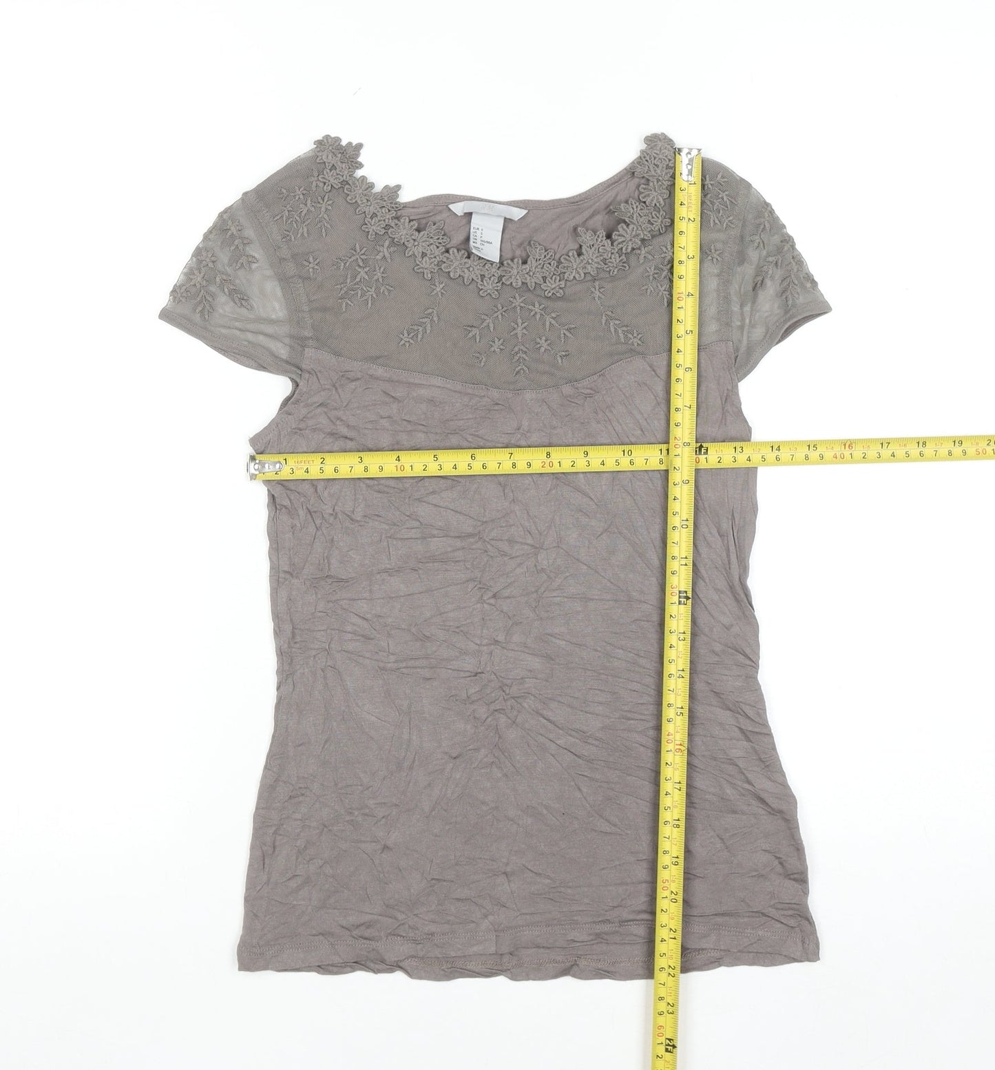H&M Women’s Grey Embroidered Short Sleeve Blouse Size S