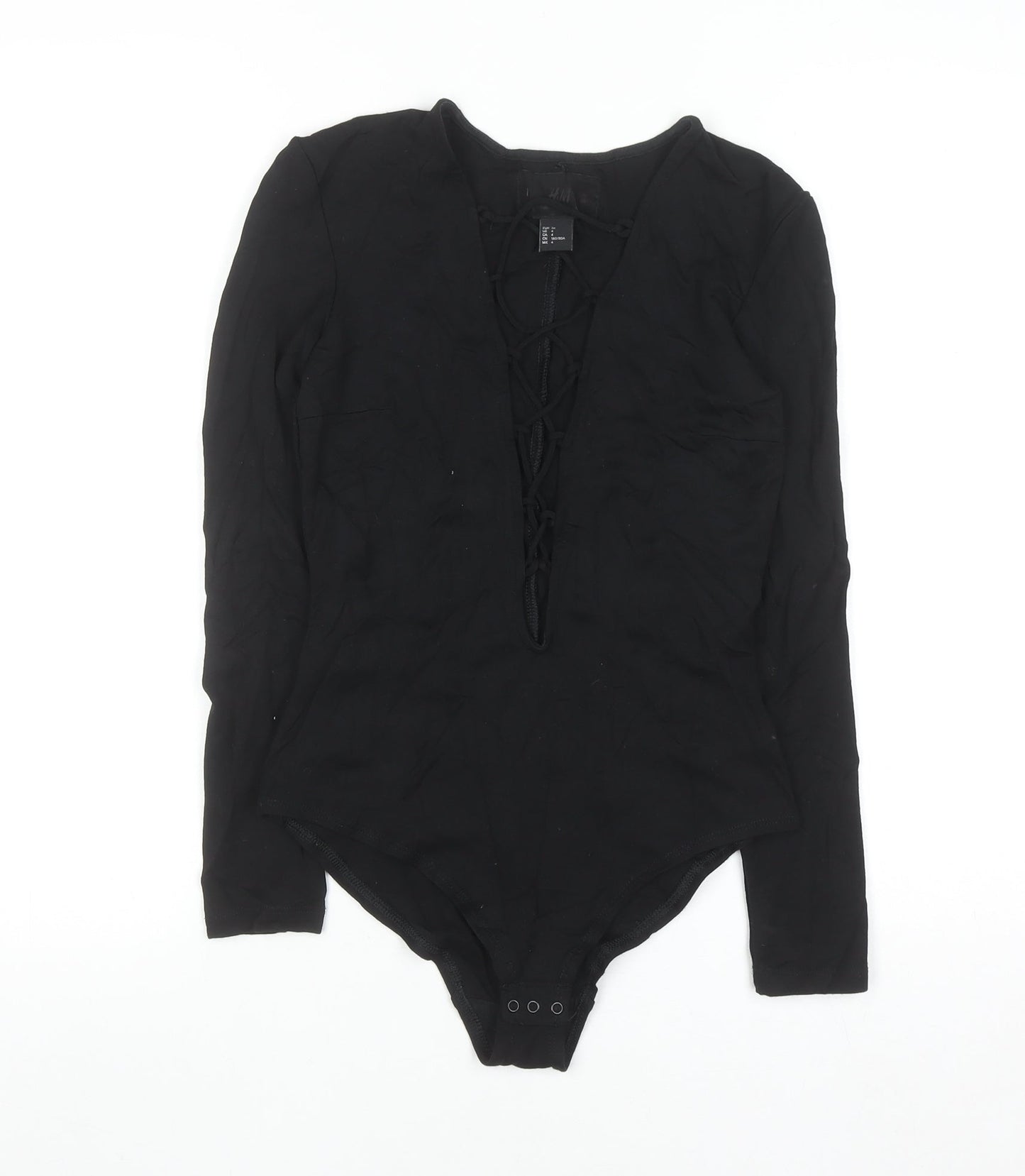 H&M Womens Black Lace-Up Long Sleeve Bodysuit Size 6 Slim Fit