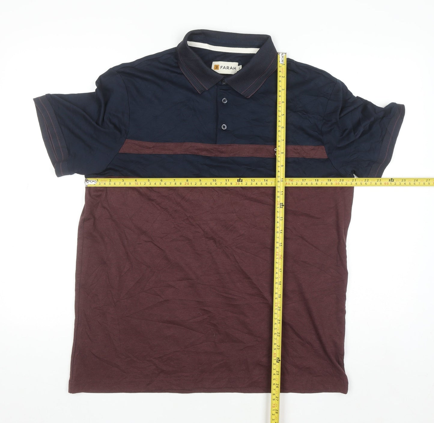 Farah Men's Navy and Burgundy Colourblock Polo Shirt L Cotton Blend