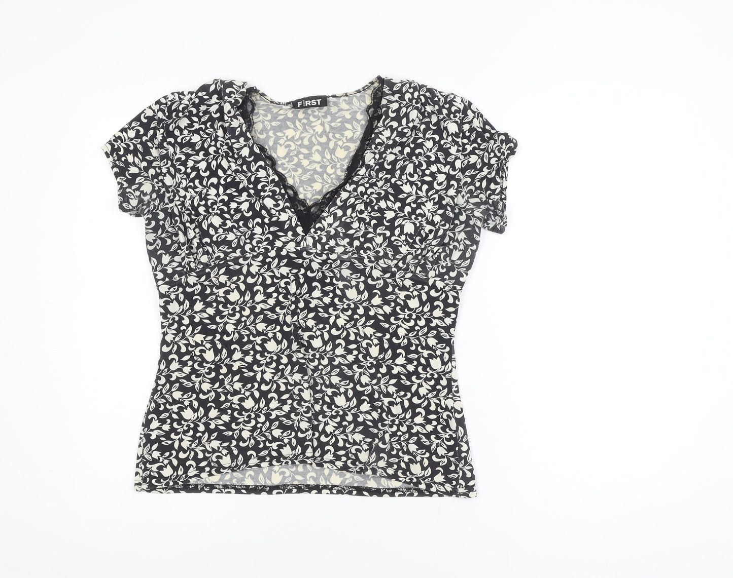 First Avenue Women’s Black Floral Wrap Style Short Sleeve Blouse Size 14