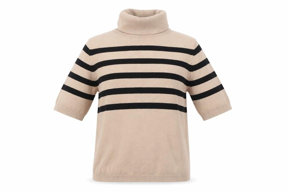 Dunnes Women Beige Striped Roll Neck Short Sleeve Jumper Size M