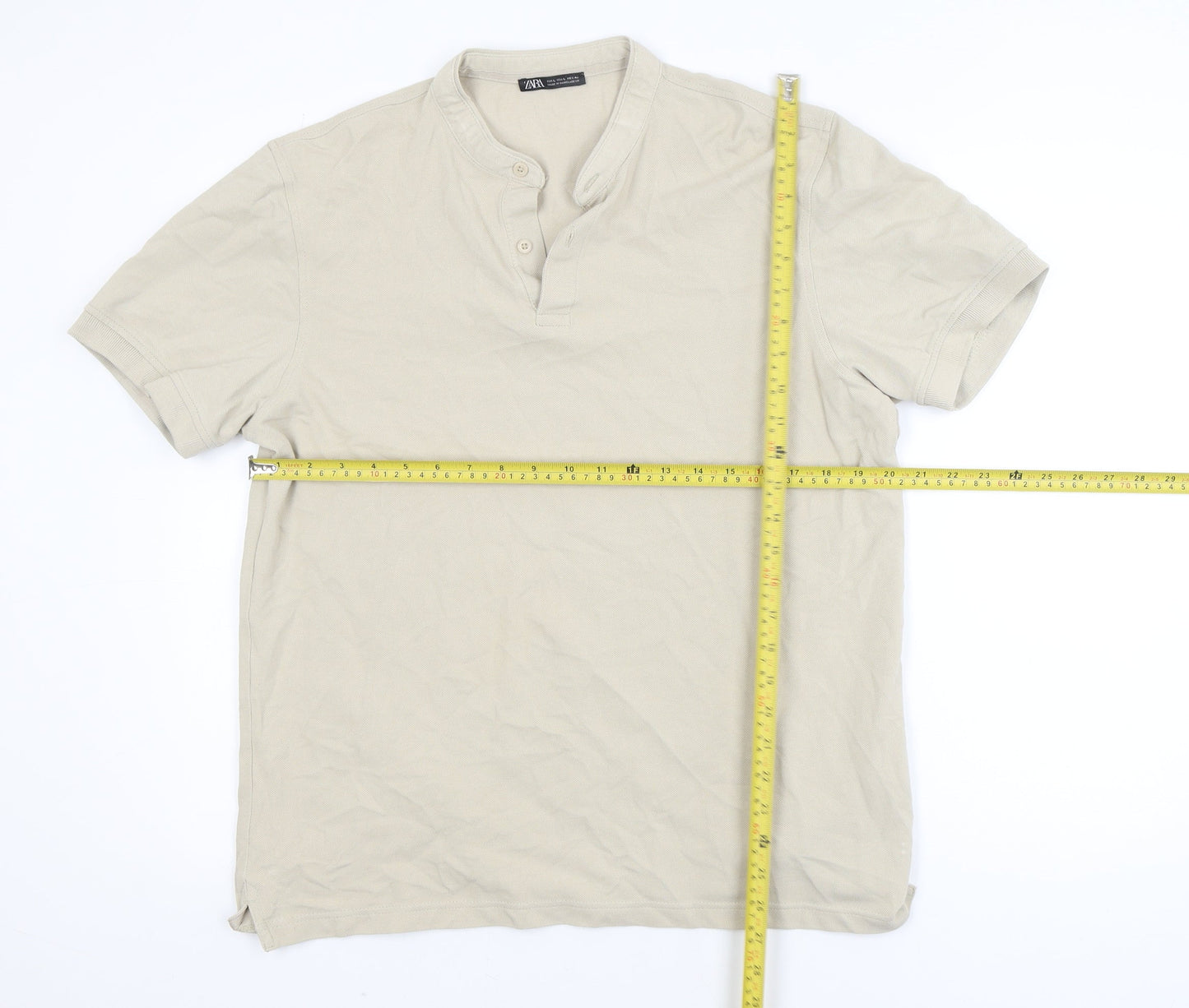 Zara Men's Beige Henley Short Sleeve T-Shirt Size L 100% Cotton