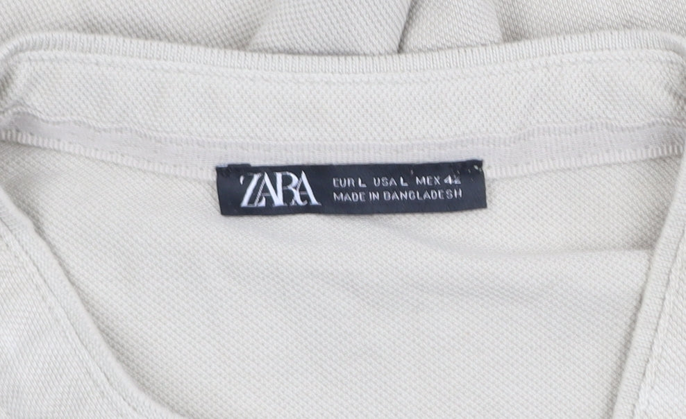 Zara Men's Beige Henley Short Sleeve T-Shirt Size L 100% Cotton