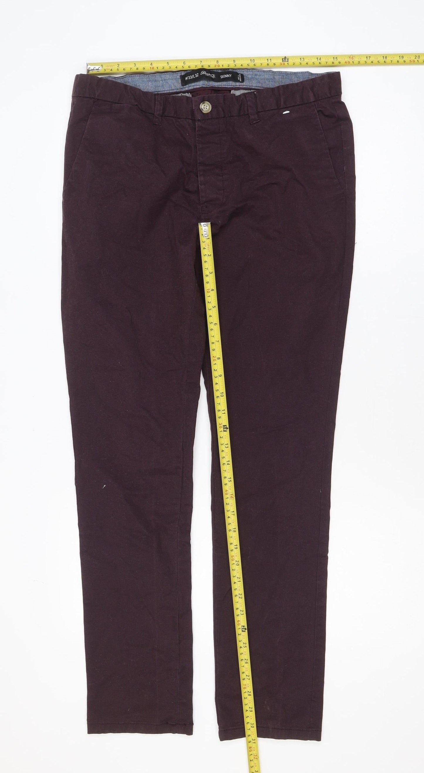 Denim Co Mens Burgundy Skinny Chino Trousers W33 L32 Cotton Blend