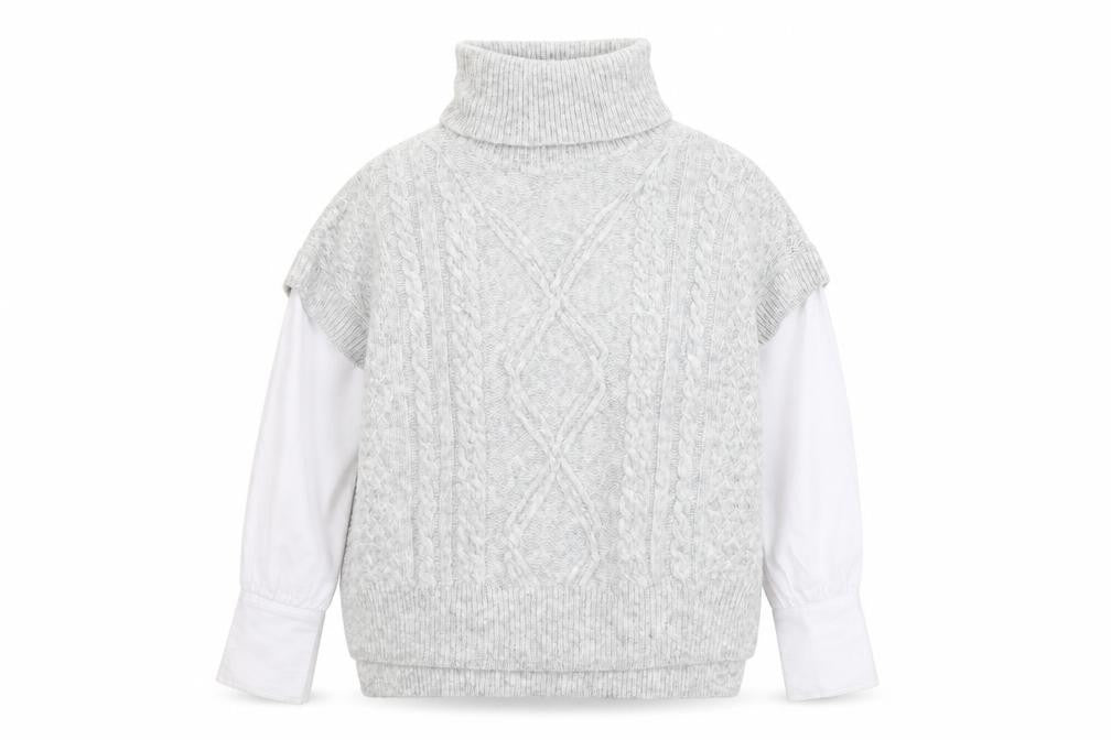 Dunnes Women Grey Cable-Knit Roll Neck Sleeveless Jumper Size 14