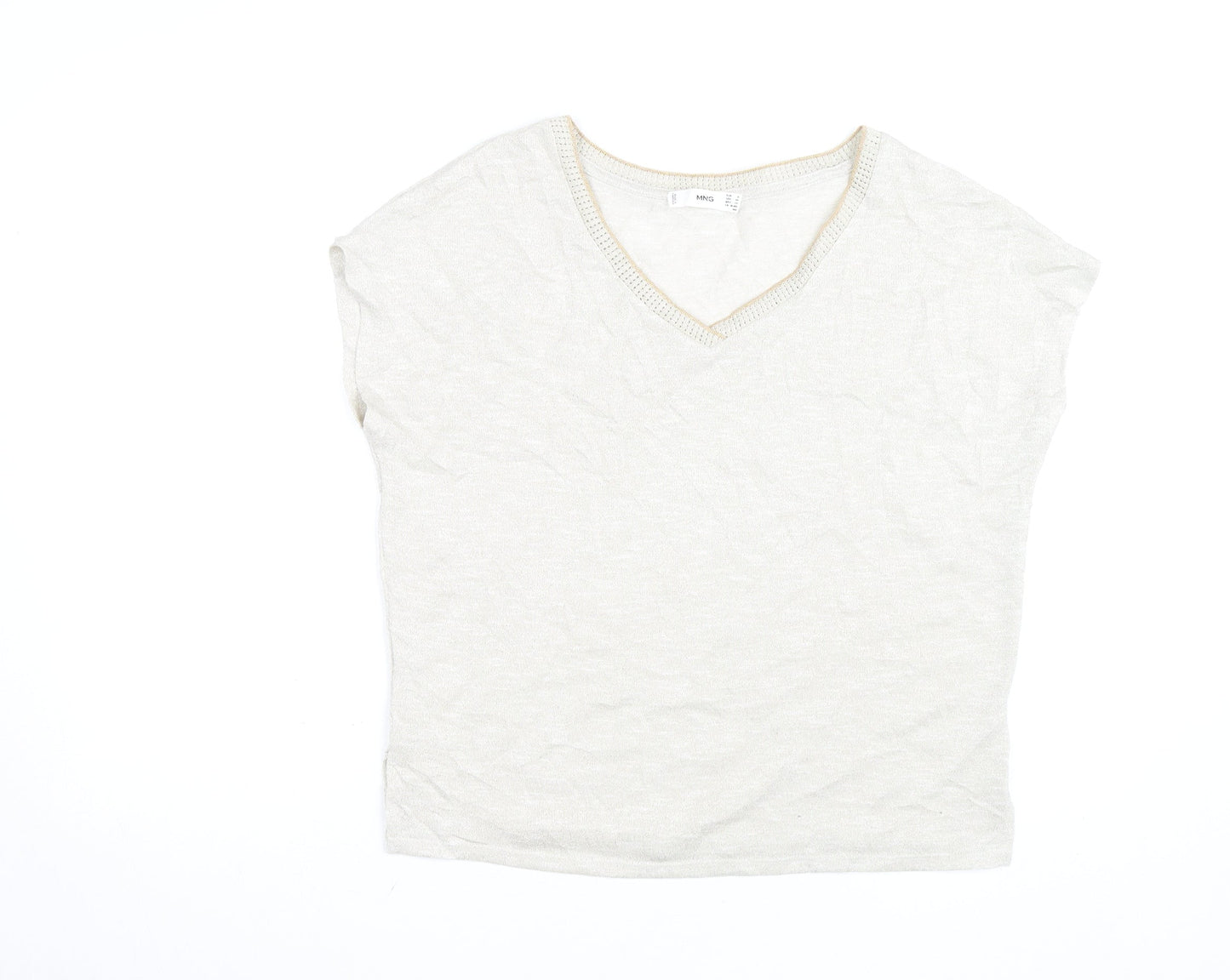 MNG Women's Beige V-Neck Short Sleeve Basic T-Shirt Size 8