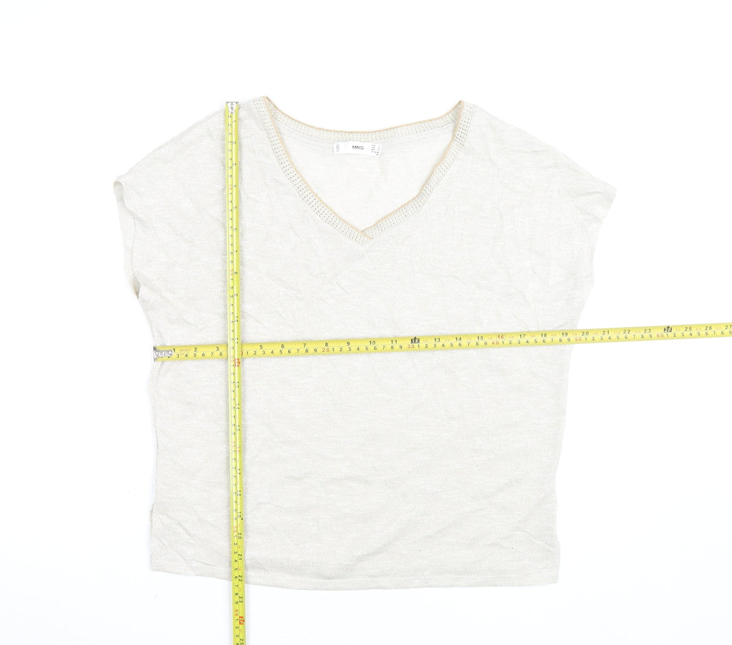 MNG Women's Beige V-Neck Short Sleeve Basic T-Shirt Size 8