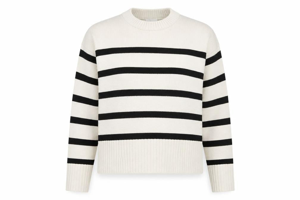H&M Women’s Beige Black Striped Crew Neck Cotton Jumper Size 8