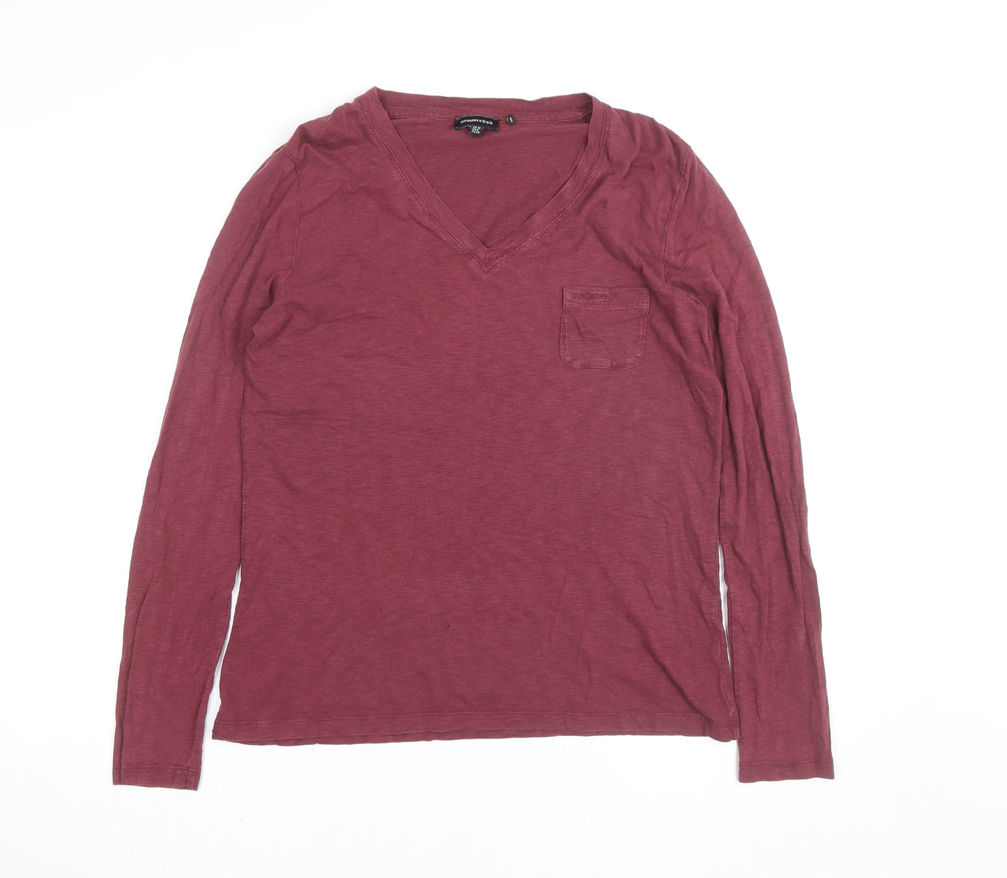 Superdry Womens Red Long Sleeve V-Neck Cotton T-Shirt Size 10