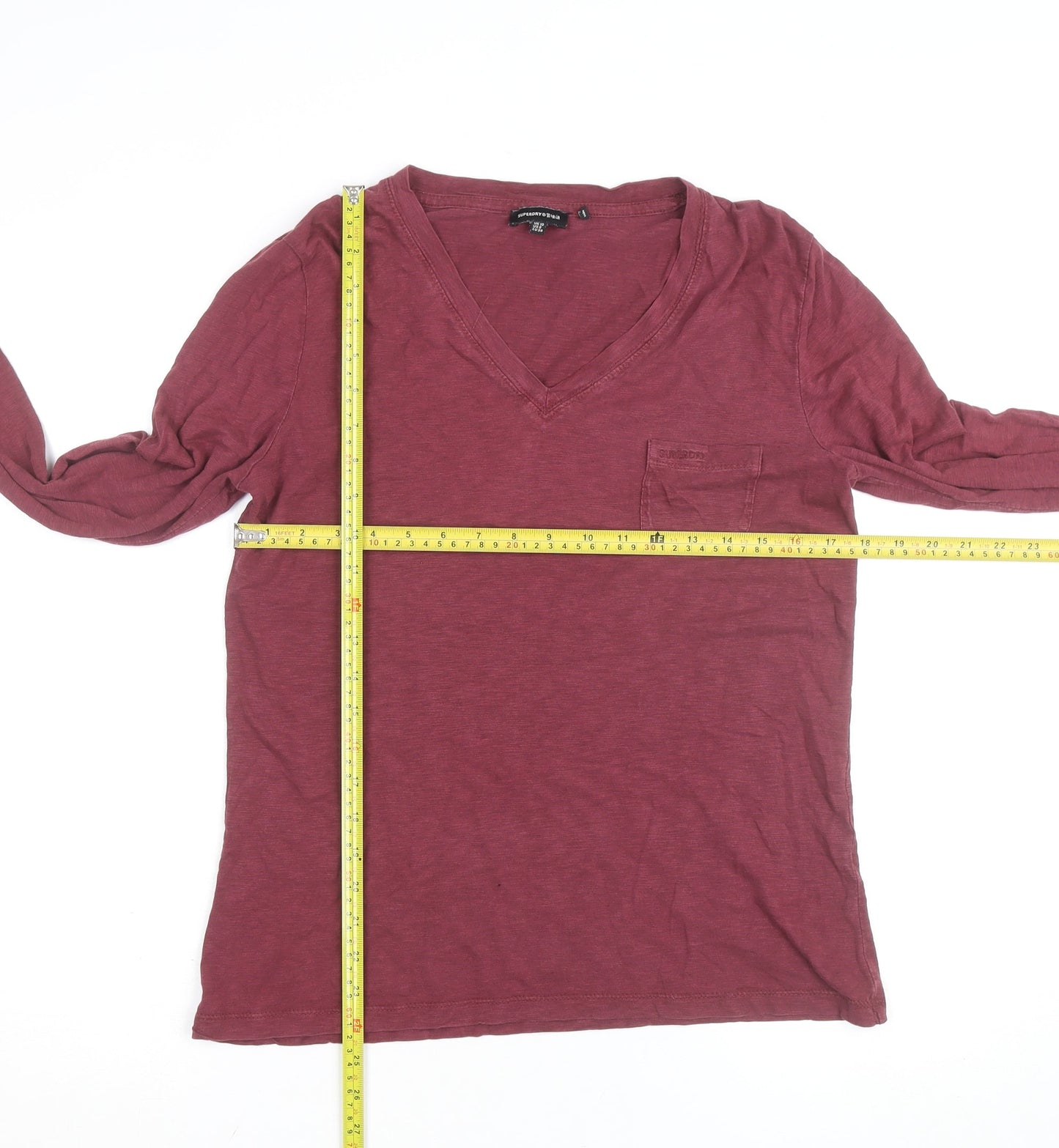 Superdry Womens Red Long Sleeve V-Neck Cotton T-Shirt Size 10