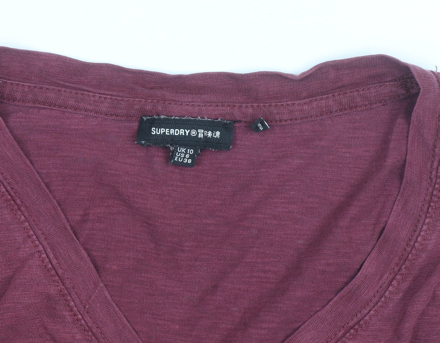 Superdry Womens Red Long Sleeve V-Neck Cotton T-Shirt Size 10