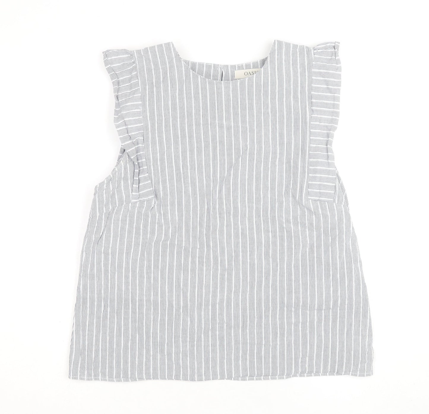 Oasis Women Grey Striped Ruffle Sleeve Cotton Blouse Size 16