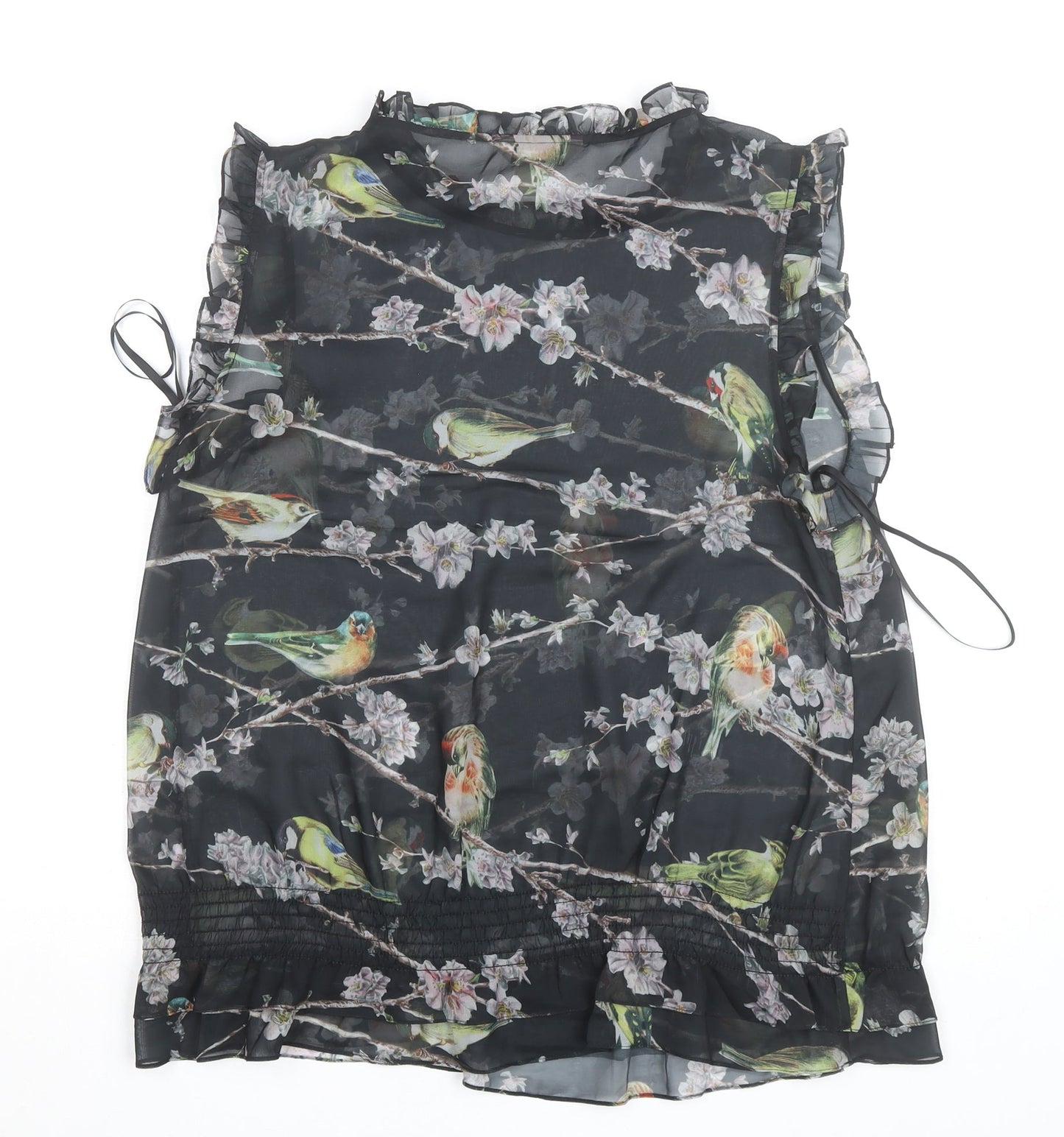 Ted Baker Women's Black Bird Print Ruffle Sleeveless Chiffon Blouse Size 14