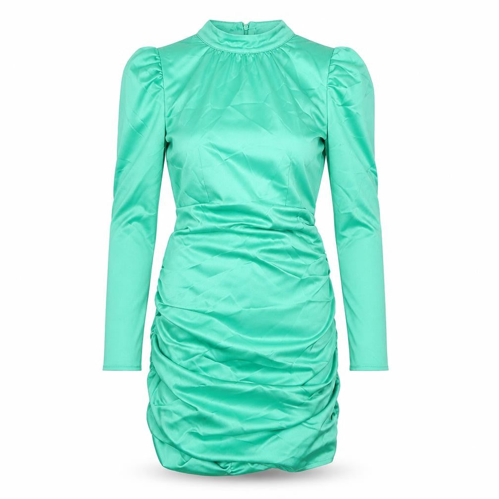 Front view of Missguided Women Green Petite UK 6 Bodycon Satin Ruched Dress
