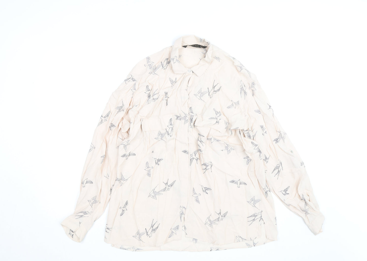 Zara Basic Women's Beige Bird Print Long Sleeve Blouse Size M