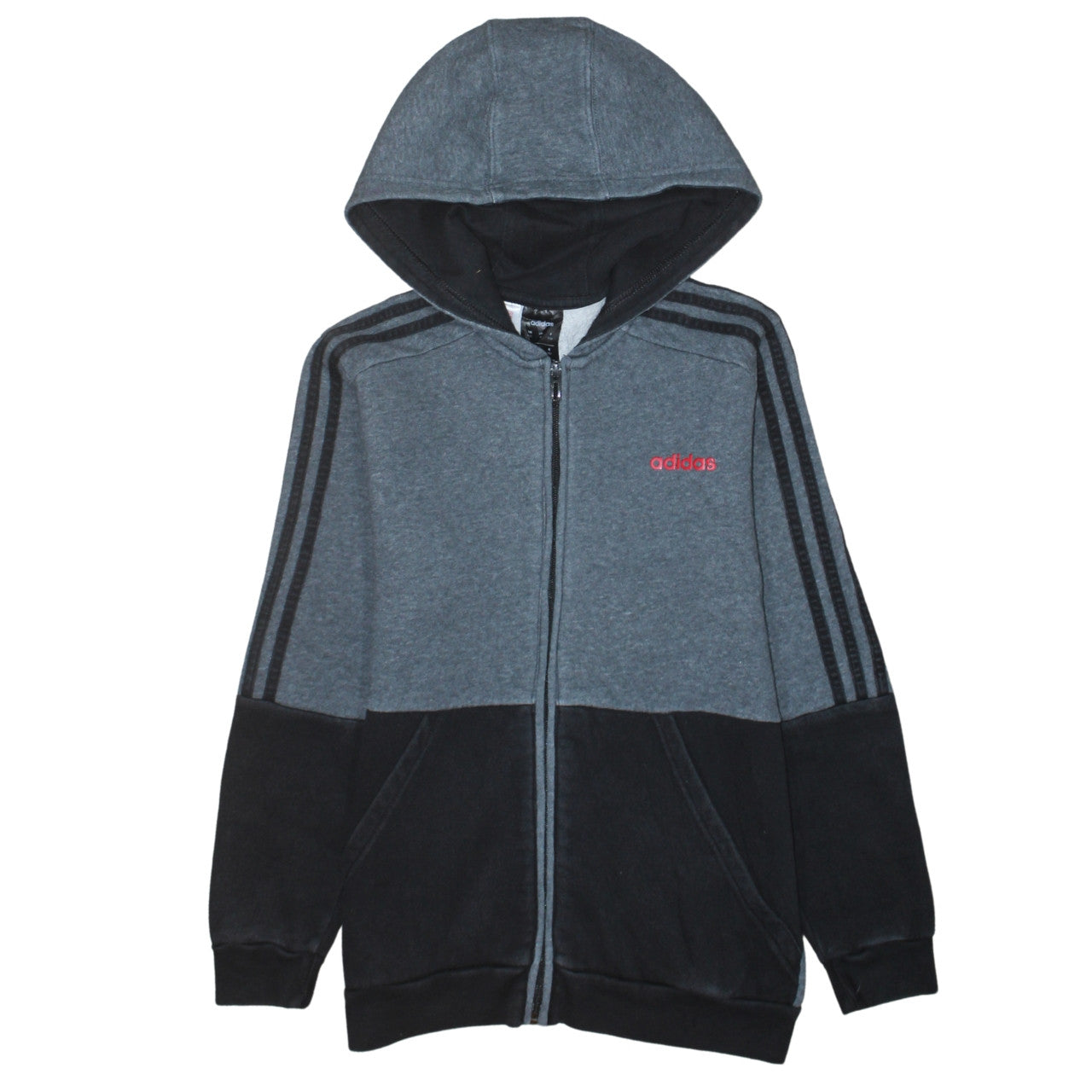 Adidas Boys Grey Black Full Zip Hoodie Size 152cm Cotton Blend Sportswear