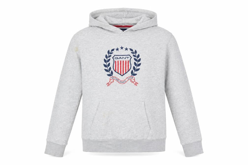 GANT Boys Grey Pullover Hoodie 16 Years Logo Crest Cotton Blend