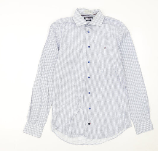 Tommy Hilfiger Men's Blue Slim Fit Geometric Long Sleeve Button-Up Shirt 14.5