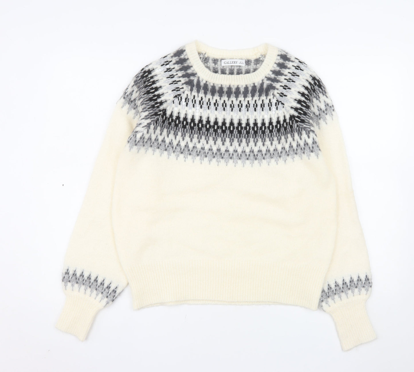 Gallery Women Cream Grey Fair Isle Wool Blend Jumper Size M