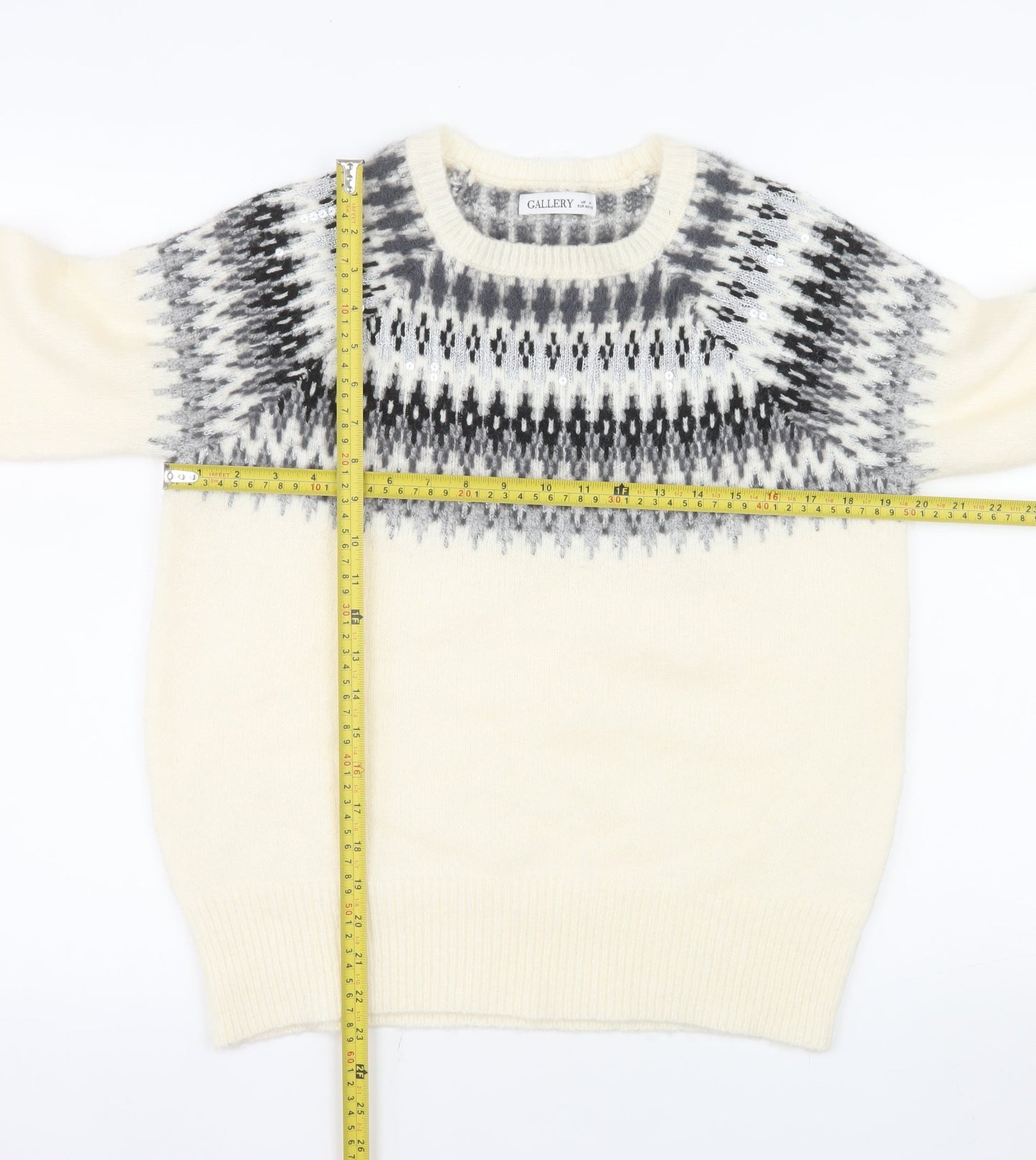 Gallery Women Cream Grey Fair Isle Wool Blend Jumper Size M