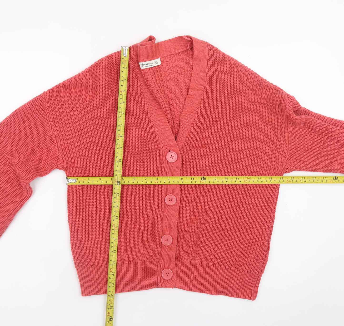 Stradivarius Women Pink Cotton V-Neck Cardigan XS
