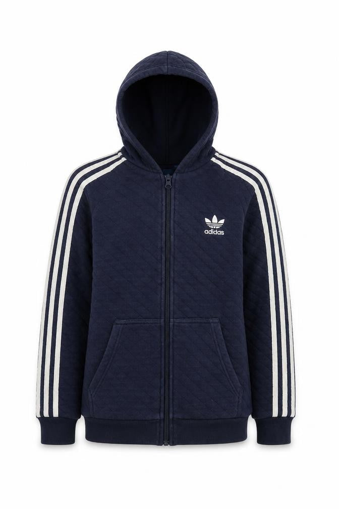 Front view of Adidas boys’ navy full zip quilted hoodie 13-14 years cotton blend